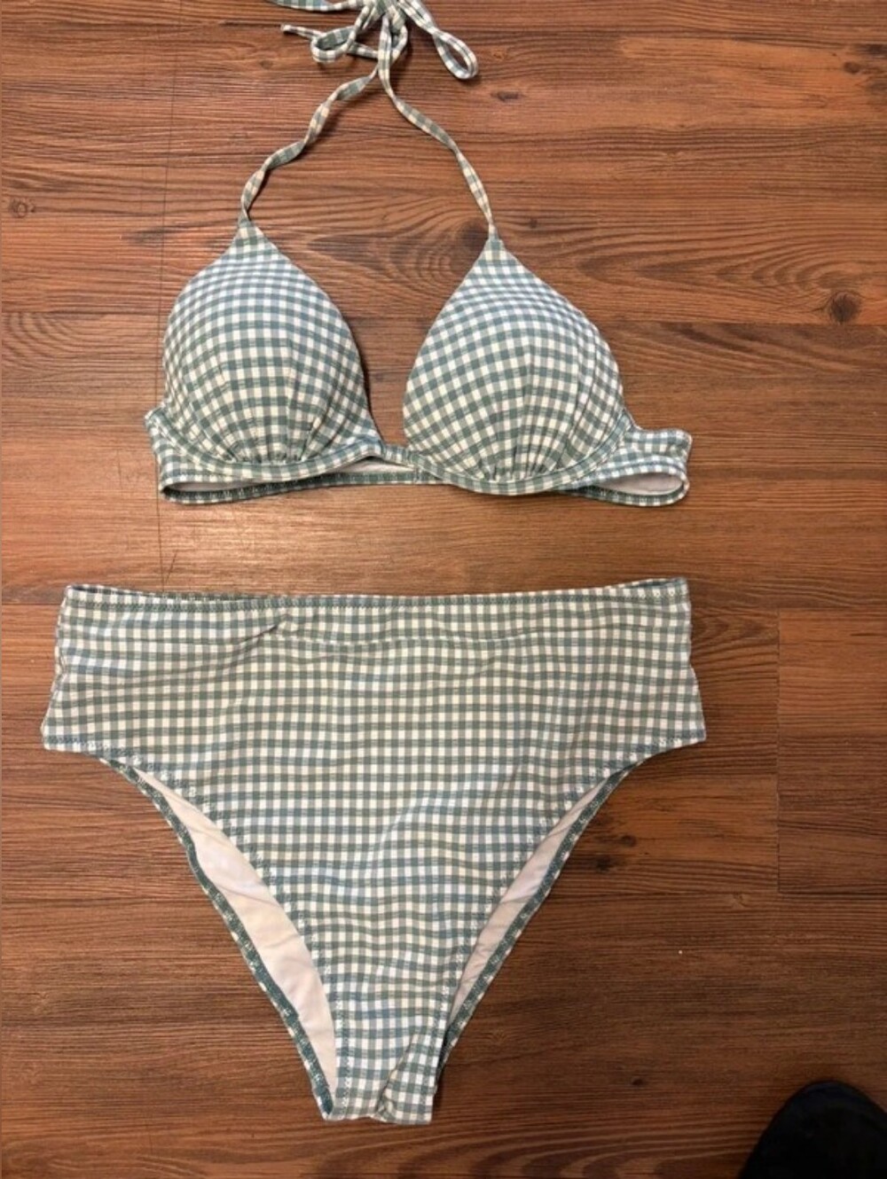 Shade & Shore Sage Green Gingham Halter Bikini Set